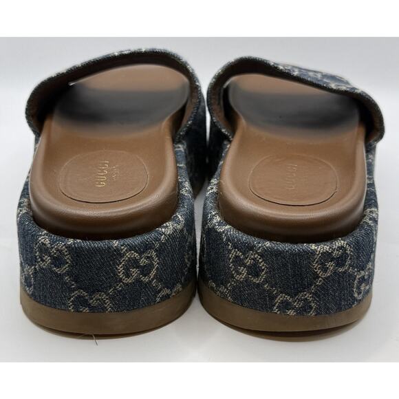 Gucci Cloth Mule Platform Blue Denim Monogram Sandals Size 35 US 5 MSRP $590 - Picture 5 of 9